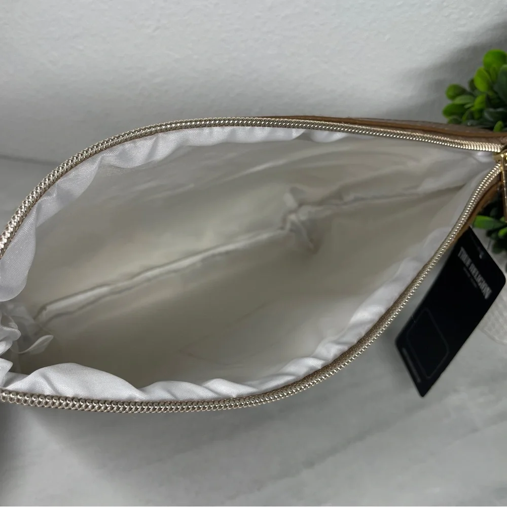 True Religion Cognac Brown Embossed Horseshoe Monogram Cosmetic Makeup Bag Pouch